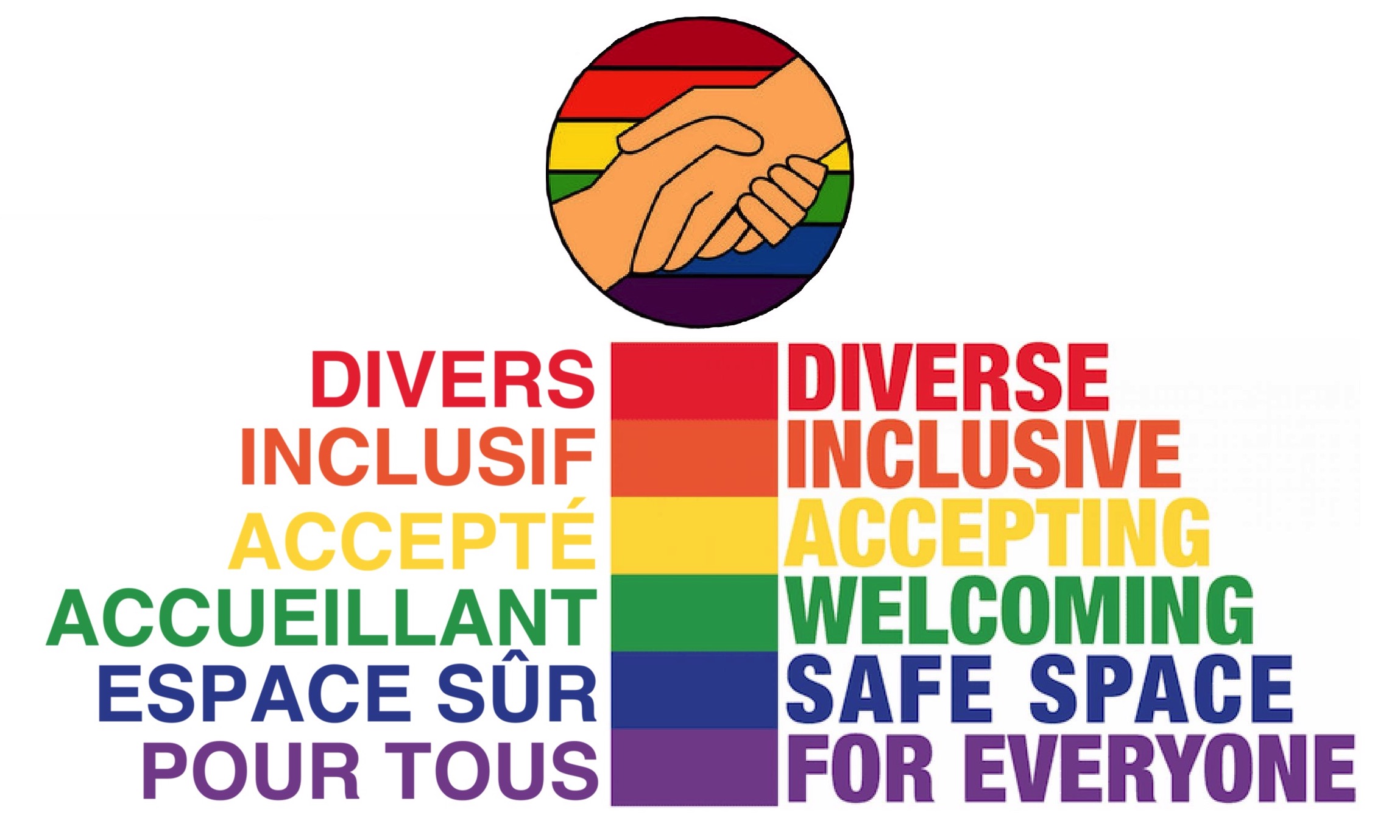 Couleurs LGBTQ+ dans un cercle dans lequel deux mains se donne une poignée de main.
En dessous couleur LGBTQ+ avec les mots. 
Divers
Inclusif
Accepté
Accueillant
Espace sûr
Pour tous.
.LGBTQ+.